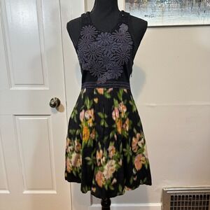 Free People Floral Wool Mini Dress Black Crochet Lace Beaded S P Pocket Side Zip